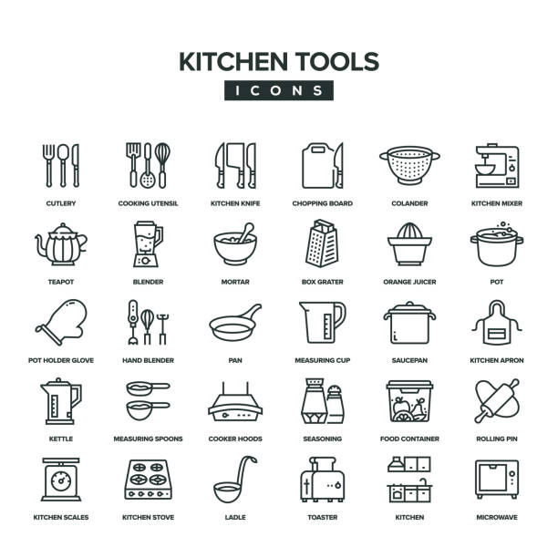 illustrations, cliparts, dessins animés et icônes de ensemble d’icônes de ligne d’outils de cuisine - cuillère mesure