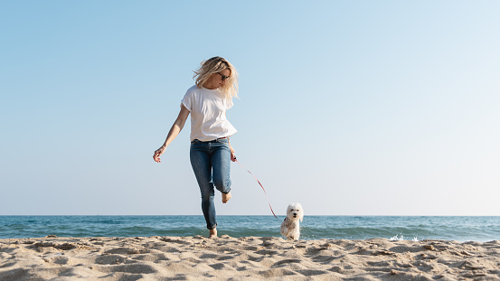 Cheerful young woman with her maltese dog walking on the beach