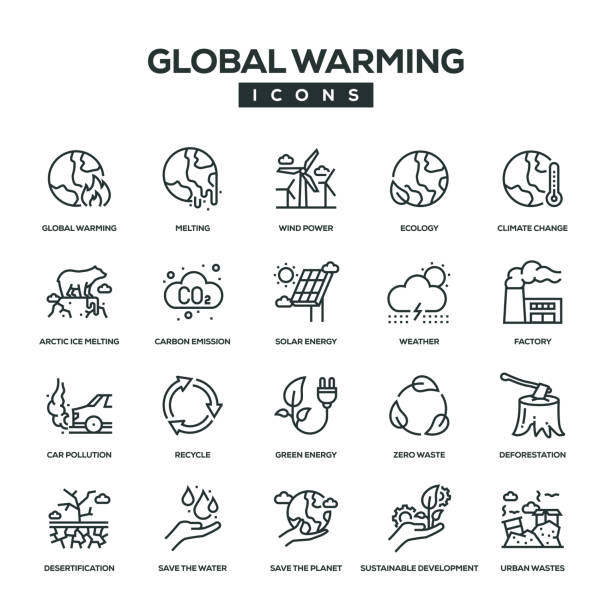 ilustraciones, imágenes clip art, dibujos animados e iconos de stock de conjunto de iconos de la línea de calentamiento global - cambio climatico