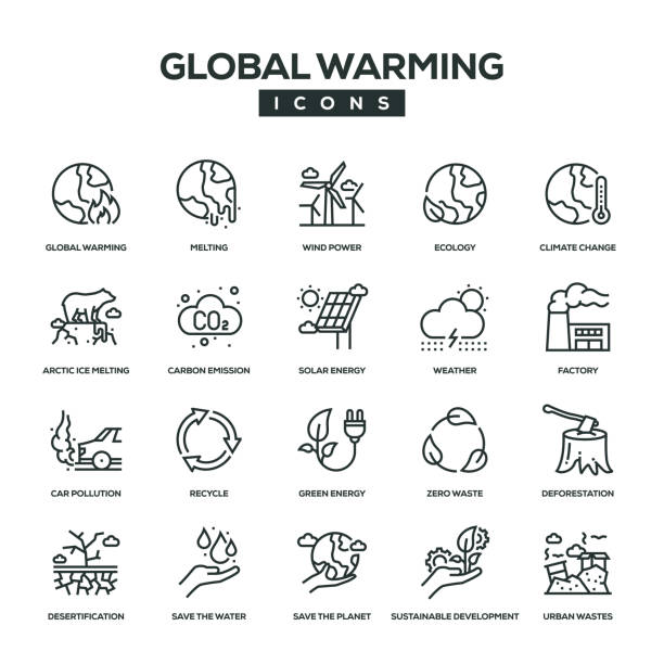 глобальное потепление линия значок установить - changing form climate global warming vector stock illustrations