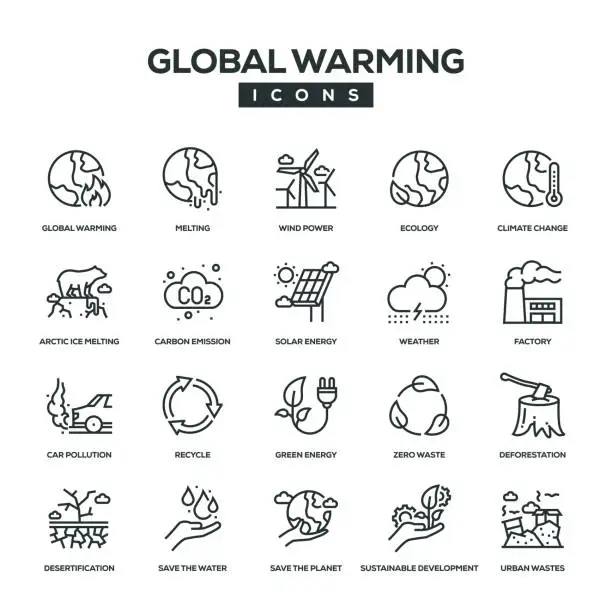 Vector illustration of Global Warming Line Icon Set