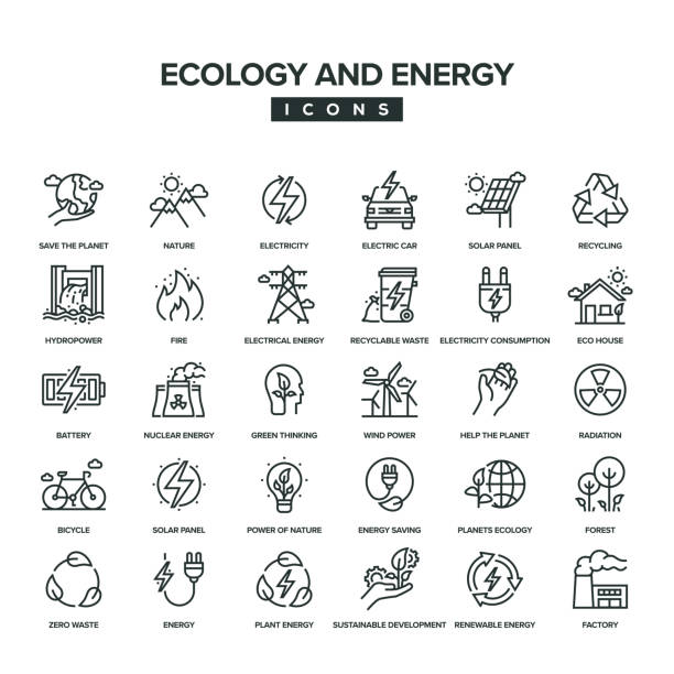 エコロジーとエネルギーラインアイコンセット - alternative energy global warming wind turbine biofuel点のイラスト素材／クリップアート素材／マンガ素材／アイコン素材