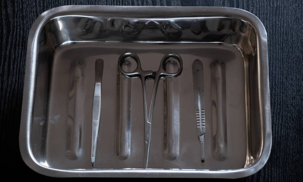 istock Hemostatic Forceps scissor and dressing forceps in stainless steel container tray. 1305835473