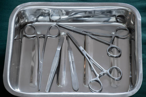 istock Hemostatic Forceps scissors and dressing forceps in stainless steel container tray. 1305835538