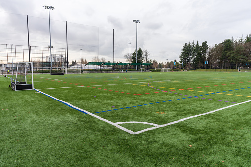 Richmond, BC, Canada - MAR 02 2021 : Minoru Park. Minoru 2 athletic field during covid-19 pandemic period.