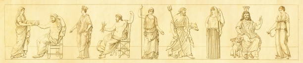 Gods from the classical period | Antique Historic Illustrations Antique illustration of Gods from the classical period. From left to right: 1 - Rhea, 2 - Saturn, 3 - Cybele, 4 - Jupiter, 5 - Juno, 6 - Neptune, 7 - Vesta, 8 - Pluto, 9 - Ceres. Engraving published in Systematischer Bilder-Atlas zum Conversations-Lexikon, Ikonographische Encyklopaedie der Wissenschaften und Kuenste (Brockhaus, Leipzig) in 1875. neptune roman god stock illustrations