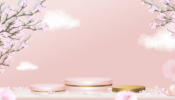 istock Podium Display with Spring Apple Blossom,Pearl on Blue and Pink pastel Sky background,Vector Realistic 3D of Pink Gold Cylinder Stand platform on Marble with Blossoming branches pink sakura 1305839849