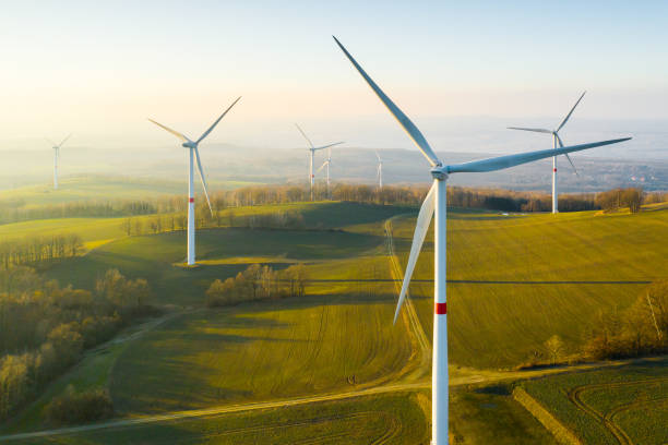 istock Panoramic view of wind farm or wind park, with high wind turbines for generation electricity with copy space. Green energy concept. 1305840913