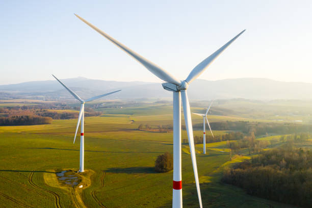 istock Panoramic view of wind farm or wind park, with high wind turbines for generation electricity with copy space. Green energy concept. 1305840948