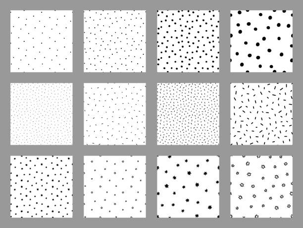 Big vector set of seamless textures: polka dots, sprinkle doodle, stars. Seamless patterns with black dots on white. Noise background set. Card templates. Big vector set of seamless textures: polka dots, sprinkle doodle, stars. Seamless patterns with black dots on white. Noise background set. Card templates. nonpareils stock illustrations