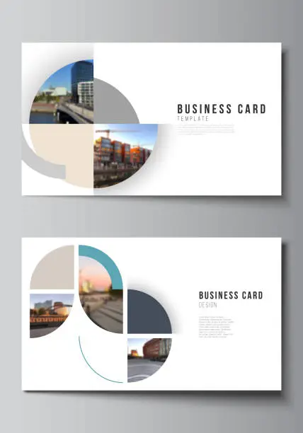 Vector illustration of Vector layout of two creative business cards design templates, horizontal template vector design. Background with abstract circle round banners. Corporate business concept template.