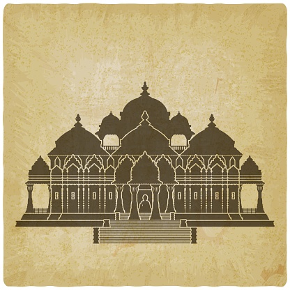 Swaminarayan Akshardham Hindu Temple on vintage background. Vector illustration