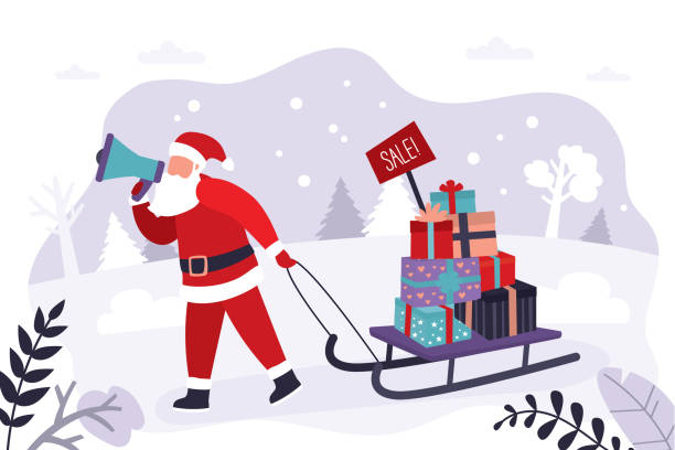 ilustrações, clipart, desenhos animados e ícones de pai natal com megafone anuncia descontos de ano novo e vendas sazonais. papai noel carregando trenó com presentes - winter public speaker megaphone snow