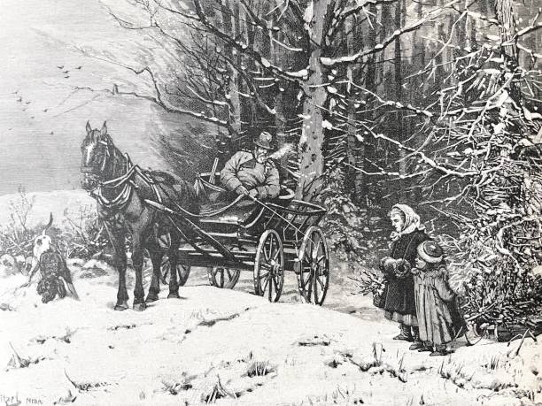 istock Farmer with horsedrawn carriage in the forest, winter 1305849326