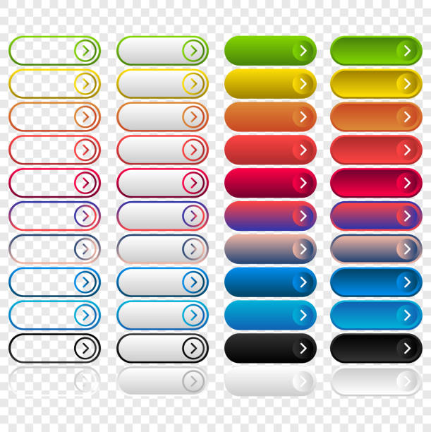 ilustraciones, imágenes clip art, dibujos animados e iconos de stock de icono establecer botón multicolor en estilo plano. - push button