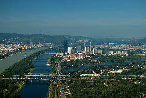 Flight along the Danube river in Vienna in Austria September 11,2020