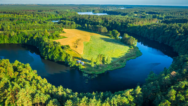 Curvy river between forests in summer, aerial view of Poland Curvy river between forests in summer at sunrise, aerial view of nature in Poland bory tucholskie stock pictures, royalty-free photos & images