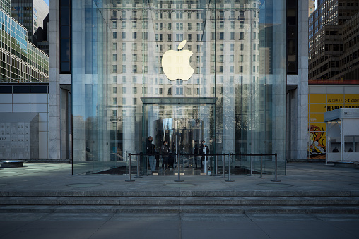 Manhattan, New York. March 05, 2021. The entrance of the Apple store on fifth avenue.