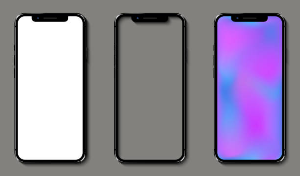 istock Realistic smartphones with white, transparent and soft color mesh gradient screen. Smartphone mockup. 1305854517
