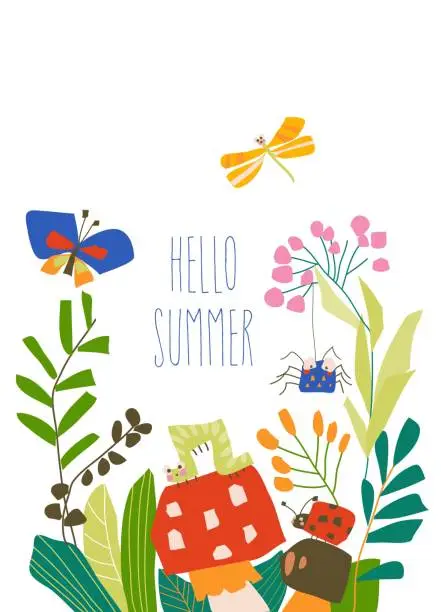 Vector illustration of Cute cartoon insects in summer plants and flowers