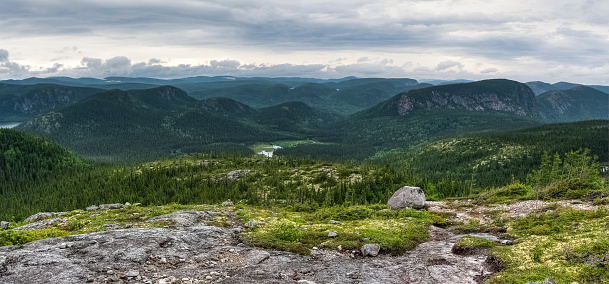 Hiking the trails, early morning over the landscape of hills and mountains in the Charlevoix wilderness, Quebec, Canada