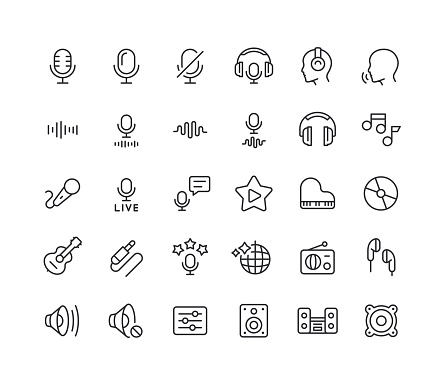 Set of audio line vector icons. Editable stroke.