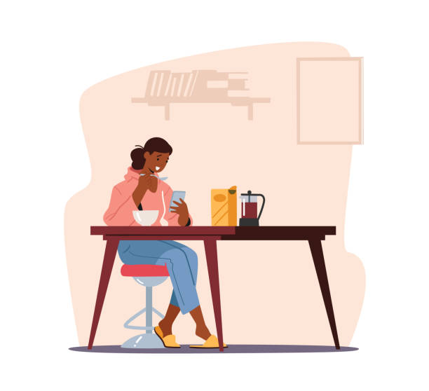 Young Woman or Teenager Having Breakfast with Smartphone in Hands, Girl Looking on Phone Screen Writing Messages Online Young Woman or Teenager Having Breakfast with Smartphone in Hands, Girl Looking on Phone Screen Writing Messages in Internet. Gadget Addiction, Cellphone Communication. Cartoon Vector Illustration eating breakfast stock illustrations