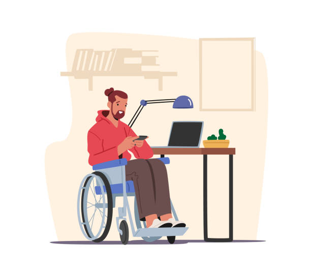 bildbanksillustrationer, clip art samt tecknat material och ikoner med handikappad manlig karaktär på rullstol hemma tittar på skärmen av smartphone skriva meddelande eller titta på video på telefon - wheelchair