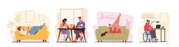 ilustrações, clipart, desenhos animados e ícones de coloque as pessoas em casa com telefones. casal senta à mesa tomando café da manhã com smartphones em mãos. homens e mulheres em casa relaxam - no sofá com celular