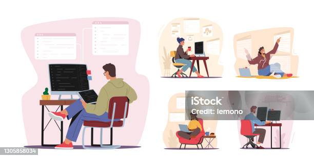 Set Programmers Working Concept Designer Characters Working On Computer Coding Programming Website Creating Software Stock Illustration - Download Image Now