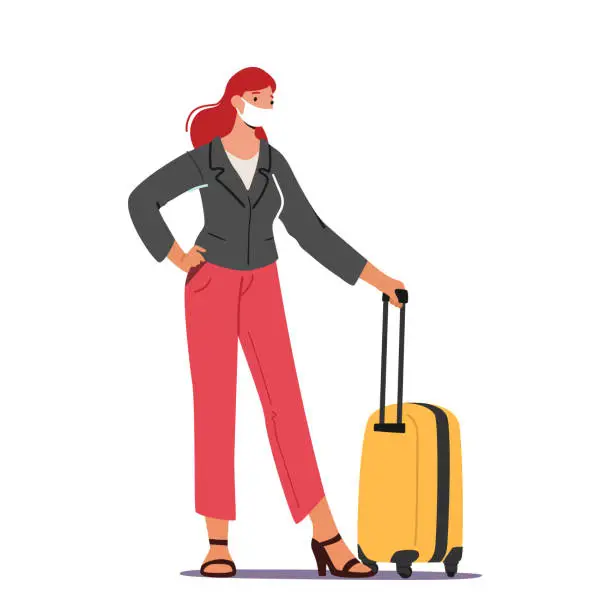 Vector illustration of Female Tourist in Mask with Luggage Waiting Boarding on Airplane in Airport. Girl Traveler Go to Aircraft during Covid