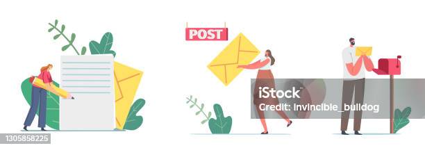 Figure Getting Mail Characters Writing Sending Or Getting Post Mails Messages Concept Tiny ...