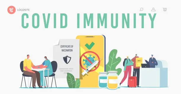 Vector illustration of Travelers Vaccination, Covid Immune Medical Certificate Landing Page Template. Characters Get Vaccine Health Passport