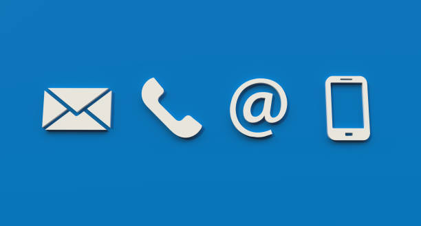 kontakt- und service-3d-symbole blauer hintergrund - impressum stock-fotos und bilder