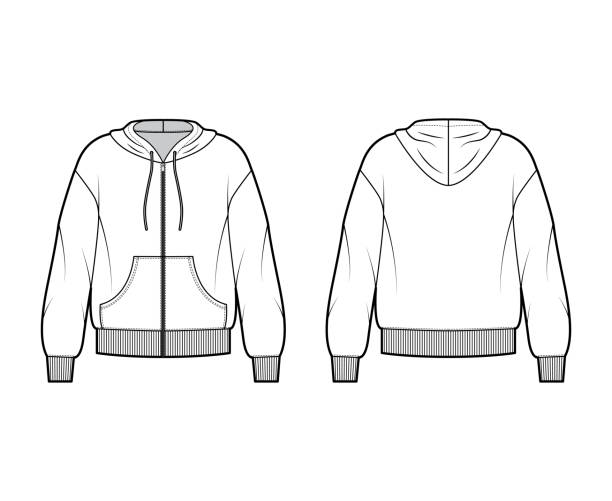 зип-до худи толстовка техническая иллюстрация моды с длинными рукавами, кенгуру мешок, вязать ребра манжеты, полосатый подол - зип stock illustrations