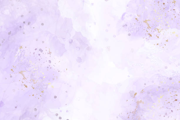 Abstract violet liquid watercolor background with golden stains. Pastel alcohol ink drawing effect. Modern fluid art painting with glitter. Vector illustration design template for wedding invitation vector art illustration