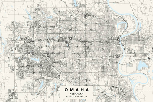 ilustraciones, imágenes clip art, dibujos animados e iconos de stock de mapa vectorial de omaha, nebraska, ee.uu. - nebraska omaha nebraska map road