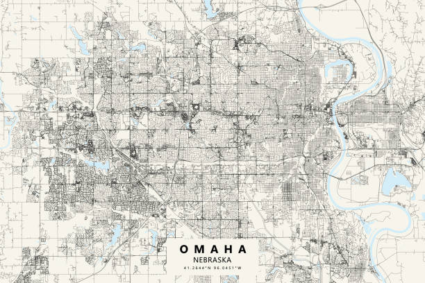 Omaha, Nebraska, USA Vector Map Poster Style Topographic / Road map of Omaha, Nebraska, USA. Original map data is open data via © OpenStreetMap contributors. All maps are layered and easy to edit. Roads have editable stroke. omaha stock illustrations