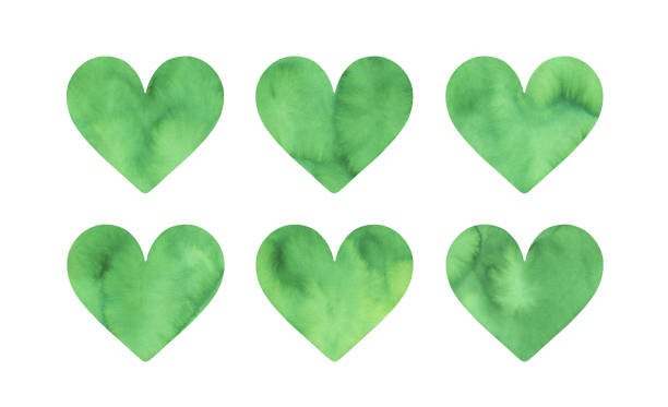 иллюстрация коллекции сока зеленый акварели сердца с художественными мазками, знаками и пятнами. ручной акварели графический рисунок, выр� - heart shape grass paper green stock illustrations
