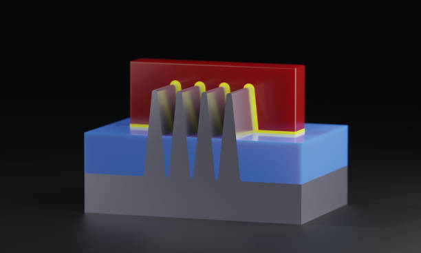 Semiconductor FinFET transistor model. Structure of the device. 3D model compare the size and area. Illustration for semiconductor transistor structure. manufacturing sourcing stock pictures, royalty-free photos & images