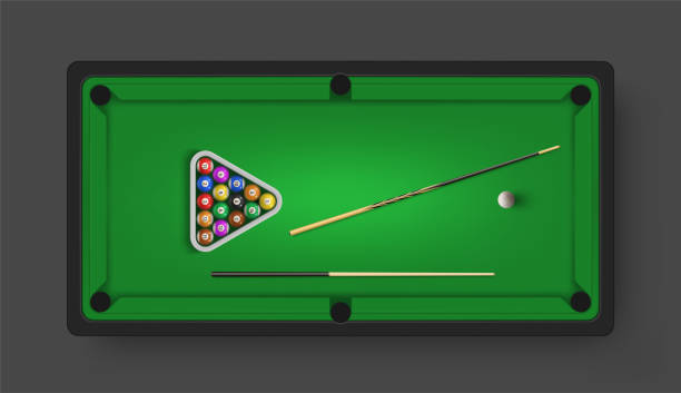 ilustrações de stock, clip art, desenhos animados e ícones de billiard table with balls, cues, triangle rack in realistic style. cuesports equipment. - snooker