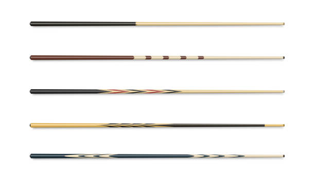istock Cues for billiard, snooker realistic templates set . Wooden sticks with various design for cuesports. 1305870909