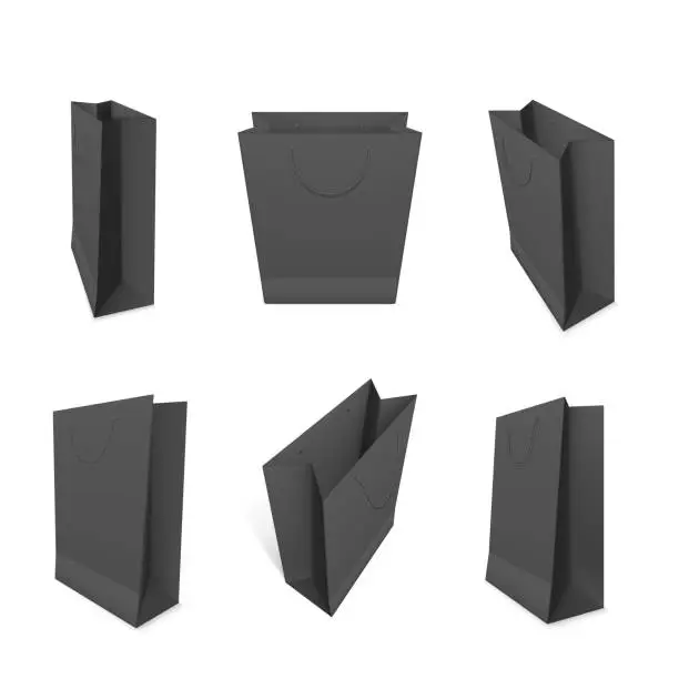 Vector illustration of Paper shopping bags realistic mock ups set. Black packaging for goods with handles.