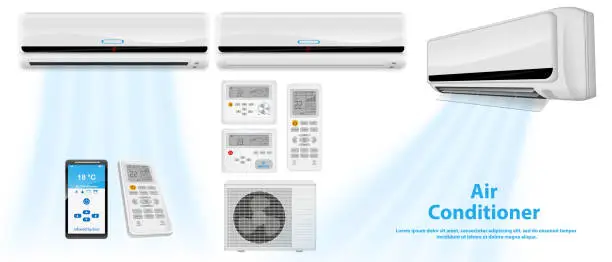 Vector illustration of set of realistic air conditioner or split air conditioner system with remote or temperature air conditioner for office or air conditioner with mobile application control. eps 10 vector, easy to modify