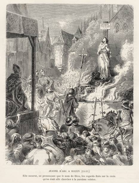 joanna z l'arc burns na stosie 1431, wojna stuletnia, historia francuska & angielska - czarownica stock illustrations