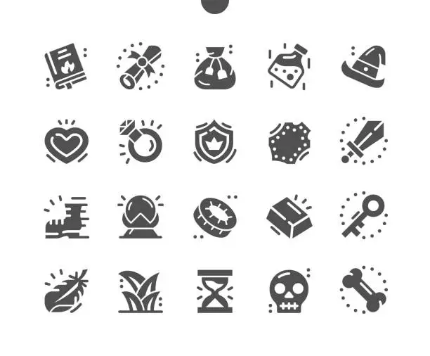 Vector illustration of Fantasy game. Gold, key, witch hat and crystal ball. Gaming, spellbook, book, gui, inventory, ui, skill, interface, epic games, fairytale and magic. Vector Solid Icons. Simple Pictogram