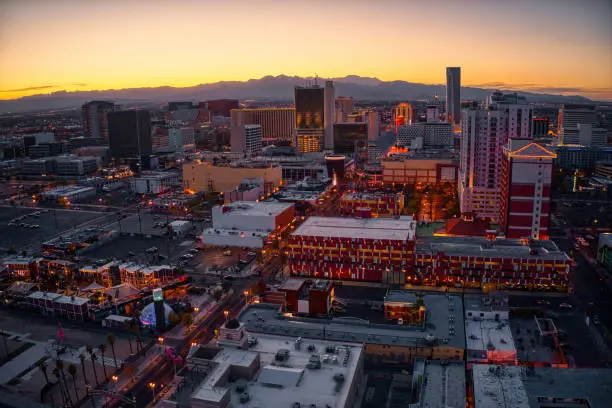 Photo of Aerial View of Downtown Vegas at Dusk