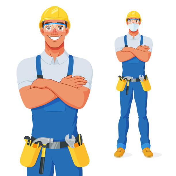 Handyman in bib overalls, hard hat and protective glasses with arms over chest. Vector cartoon character. Handyman in bib overalls, hard hat and protective glasses with his arms over chest. Release clipping mask for full size. Vector cartoon character isolated on white background. protective eyewear stock illustrations