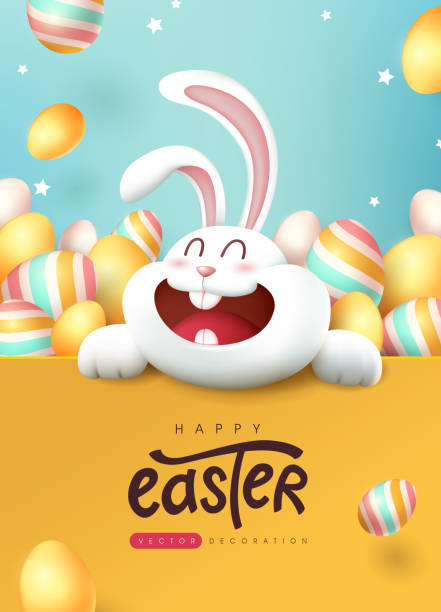 ilustrações de stock, clip art, desenhos animados e ícones de easter banner background with cute rabbit and colored easter eggs. - pascoa
