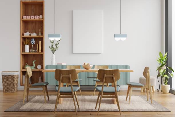 istock Mock up poster in modern dining room interior design with white empty wall. 1305880574